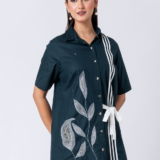 Green, Cotton Fabric, Bead and hand embroidered shirt with collar neck, Half sleeves