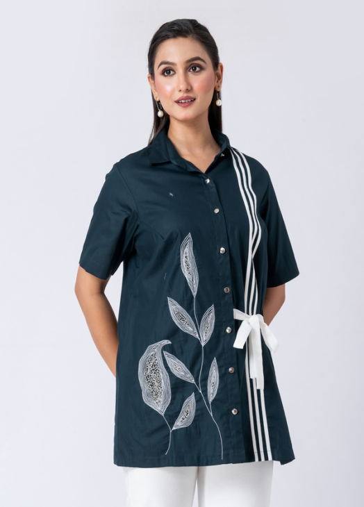 Green, Cotton Fabric, Bead and hand embroidered shirt with collar neck, Half sleeves