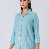 Blue, Cotton Fabric, Bead and hand embroidered shirt with collar neck, Full sleeves