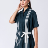 Green, Cotton Fabric, Bead and hand embroidered shirt with collar neck, Half sleeves