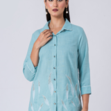 Blue, Cotton Fabric, Bead and hand embroidered shirt with collar neck, Full sleeves
