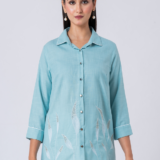 Blue, Cotton Fabric, Bead and hand embroidered shirt with collar neck, Full sleeves