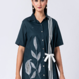 Green, Cotton Fabric, Bead and hand embroidered shirt with collar neck, Half sleeves