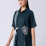 Green, Cotton Fabric, Bead and hand embroidered shirt with collar neck, Half sleeves