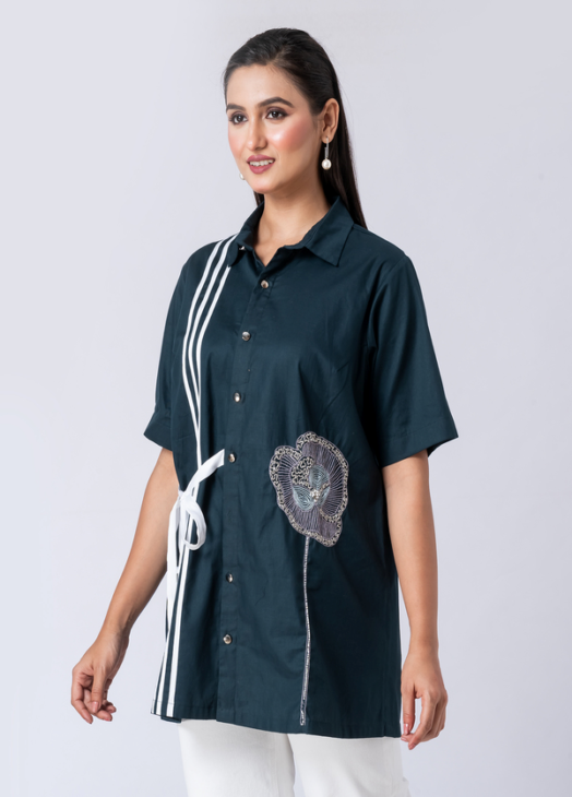 Green, Cotton Fabric, Bead and hand embroidered shirt with collar neck, Half sleeves