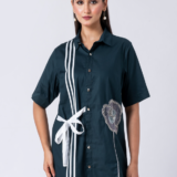 Green, Cotton Fabric, Bead and hand embroidered shirt with collar neck, Half sleeves