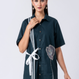 Green, Cotton Fabric, Bead and hand embroidered shirt with collar neck, Half sleeves