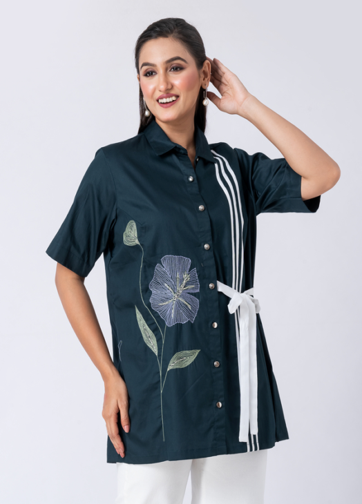 Green, Cotton Fabric, Bead and hand embroidered shirt with collar neck, Half sleeves