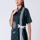 Green, Cotton Fabric, Bead and hand embroidered shirt with collar neck, Half sleeves