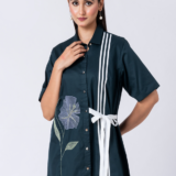 Green, Cotton Fabric, Bead and hand embroidered shirt with collar neck, Half sleeves