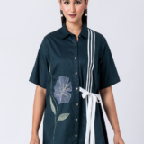 Green, Cotton Fabric, Bead and hand embroidered shirt with collar neck, Half sleeves