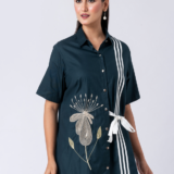 Green, Cotton Fabric, Bead and hand embroidered shirt with collar neck, Half sleeves