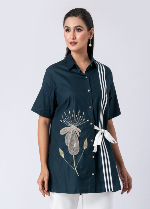 Green, Cotton Fabric, Bead and hand embroidered shirt with collar neck, Half sleeves