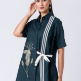 Green, Cotton Fabric, Bead and hand embroidered shirt with collar neck, Half sleeves