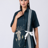 Green, Cotton Fabric, Bead and hand embroidered shirt with collar neck, Half sleeves