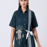 Green, Cotton Fabric, Bead and hand embroidered shirt with collar neck, Half sleeves