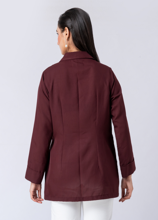 Wine, Crepe Fabric, Bead and hand embroidered shirt with collar neck, Full sleeves