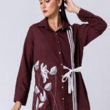 Wine, Crepe Fabric, Bead and hand embroidered shirt with collar neck, Full sleeves