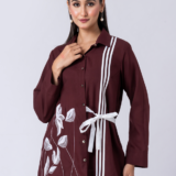 Wine, Crepe Fabric, Bead and hand embroidered shirt with collar neck, Full sleeves