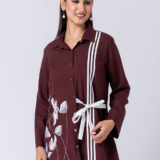 Wine, Crepe Fabric, Bead and hand embroidered shirt with collar neck, Full sleeves