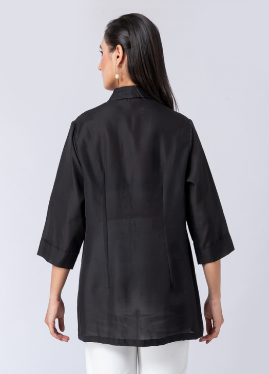 Black, Crepe Fabric, Threaded embroidered shirt with collar neck, 3/4th sleeves
