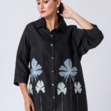 Black, Crepe Fabric, Threaded embroidered shirt with collar neck, 3/4th sleeves