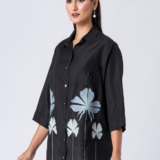 Black, Crepe Fabric, Threaded embroidered shirt with collar neck, 3/4th sleeves