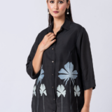 Black, Crepe Fabric, Threaded embroidered shirt with collar neck, 3/4th sleeves