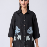 Black, Crepe Fabric, Threaded embroidered shirt with collar neck, 3/4th sleeves