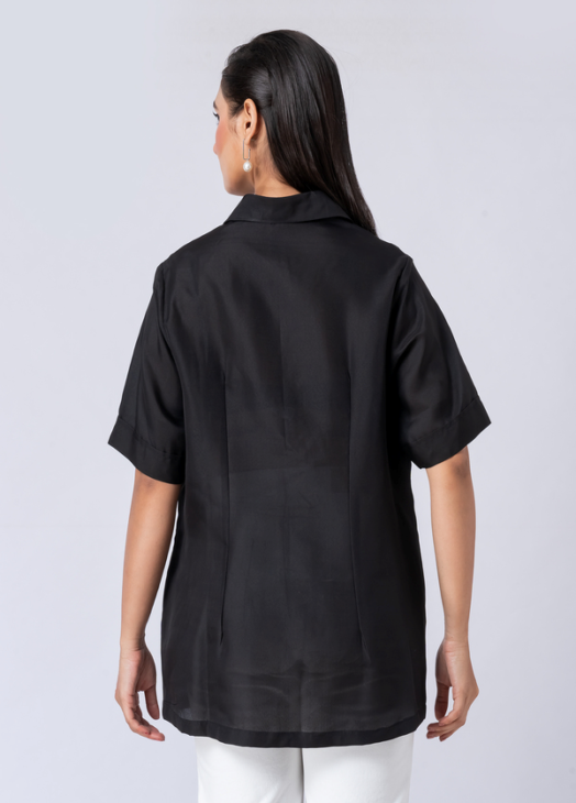 Black, Crepe Fabric, Bead and thread embroidered shirt with collar neck, Half sleeves