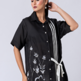 Black, Crepe Fabric, Bead and thread embroidered shirt with collar neck, Half sleeves