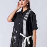 Black, Crepe Fabric, Bead and thread embroidered shirt with collar neck, Half sleeves