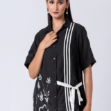 Black, Crepe Fabric, Bead and thread embroidered shirt with collar neck, Half sleeves