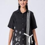 Black, Crepe Fabric, Bead and thread embroidered shirt with collar neck, Half sleeves