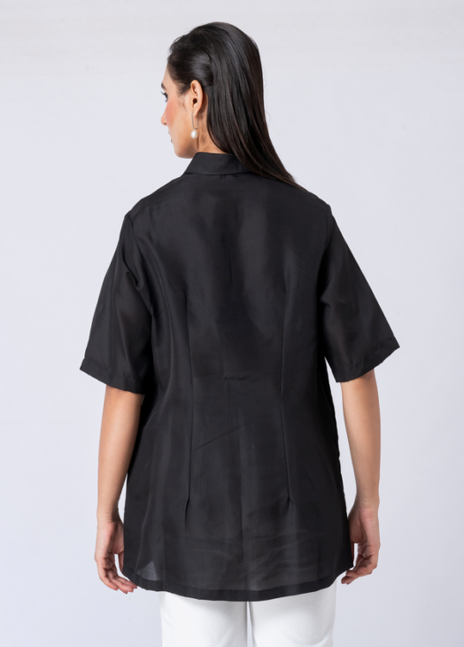 Black, Crepe Fabric, Bead and hand embroidered shirt with collar neck, Half sleeves