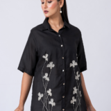 Black, Crepe Fabric, Bead and hand embroidered shirt with collar neck, Half sleeves