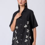 Black, Crepe Fabric, Bead and hand embroidered shirt with collar neck, Half sleeves