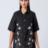 Black, Crepe Fabric, Bead and hand embroidered shirt with collar neck, Half sleeves