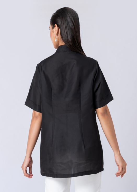 Black, Crepe Fabric, Threaded embroidered shirt with collar neck, Half sleeves