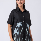 Black, Crepe Fabric, Threaded embroidered shirt with collar neck, Half sleeves