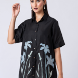Black, Crepe Fabric, Threaded embroidered shirt with collar neck, Half sleeves