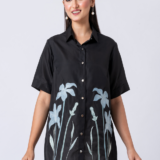 Black, Crepe Fabric, Threaded embroidered shirt with collar neck, Half sleeves