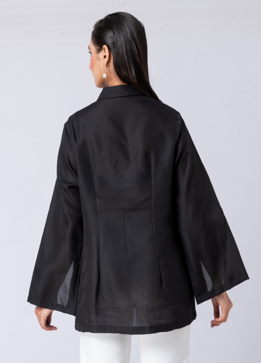 Black, Crepe fabric, Beaded hand embroidered shirt with collar neck, Asymetrical sleeves