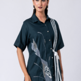 GREEN BOTANIC SHIRT:Green, Cotton Fabric, Bead and hand embroidered shirt with collar neck, Half sleeves