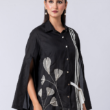 Black, Crepe fabric, Beaded hand embroidered shirt with collar neck, Asymetrical sleeves