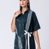 GREEN BOTANIC SHIRT:Green, Cotton Fabric, Bead and hand embroidered shirt with collar neck, Half sleeves