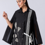 Black, Crepe fabric, Beaded hand embroidered shirt with collar neck, Asymetrical sleeves