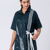 GREEN BOTANIC SHIRT:Green, Cotton Fabric, Bead and hand embroidered shirt with collar neck, Half sleeves