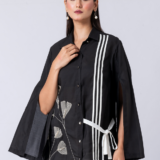 Black, Crepe fabric, Beaded hand embroidered shirt with collar neck, Asymetrical sleeves