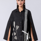 Black, Crepe fabric, Beaded hand embroidered shirt with collar neck, Asymetrical sleeves